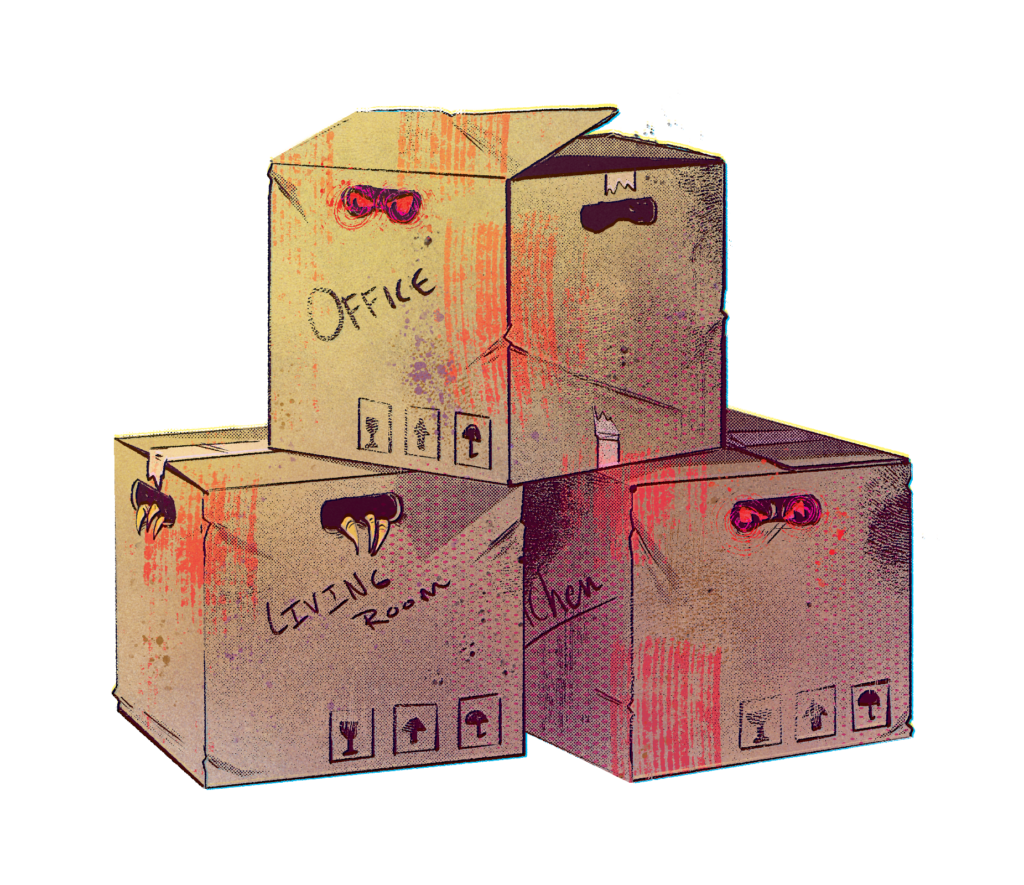 une illustration de boîtes en carton empilées les unes sur les autres.  Ils sont usés et sales, et des yeux rouges sortent des poignées, pour évoquer une image tangible d'une arnaque en mouvement qui se cache. 