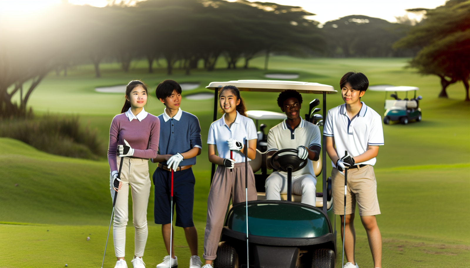 Un groupe d'adolescents conduisant une voiturette de golf sur un parcours